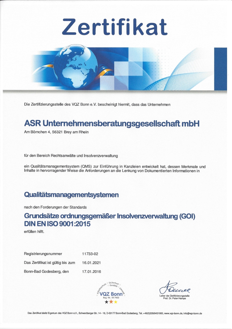 Zertifikat VQZ Bonn nach DIN EN ISO 9001 plus GOI